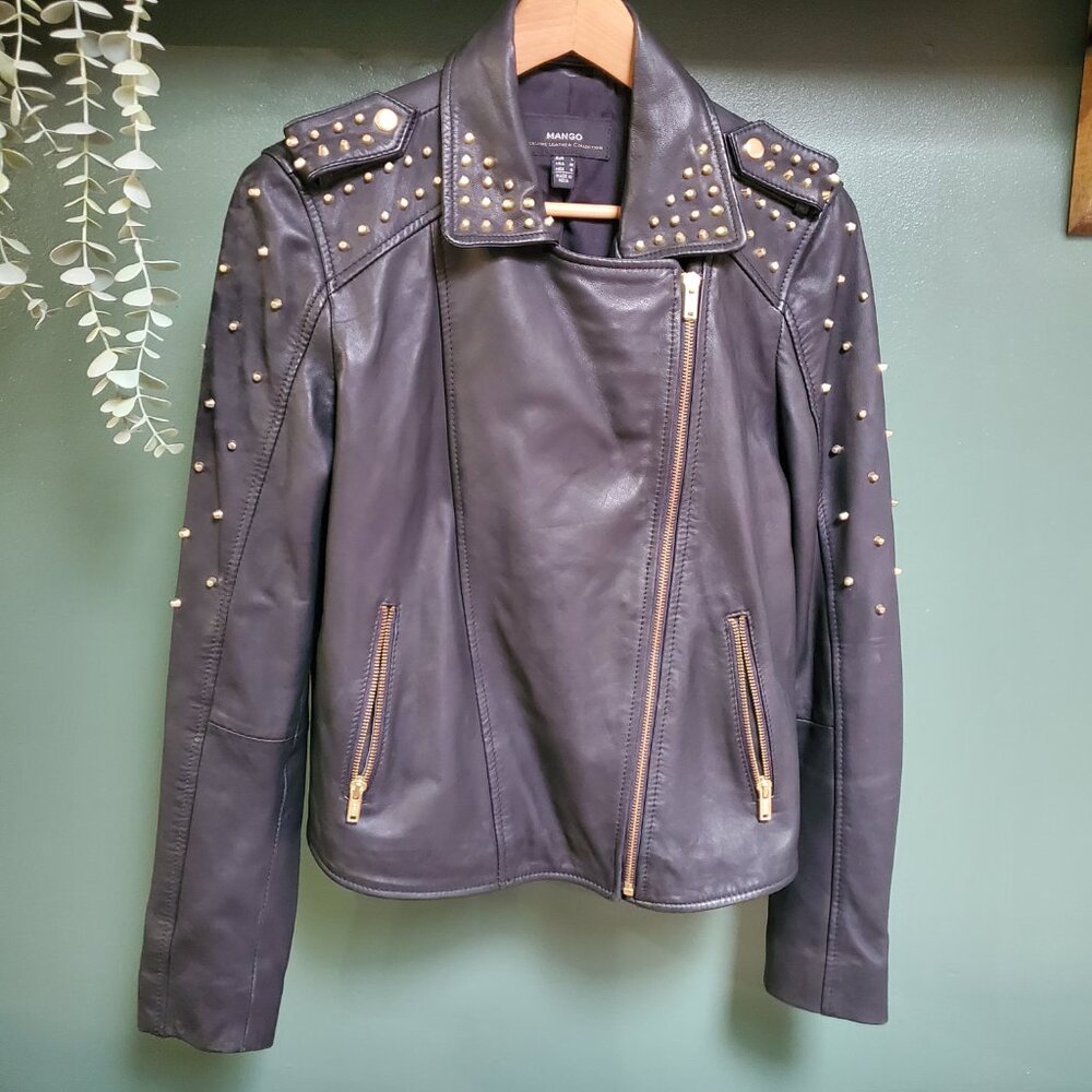 Mango | Studded Leather Moto Jacket